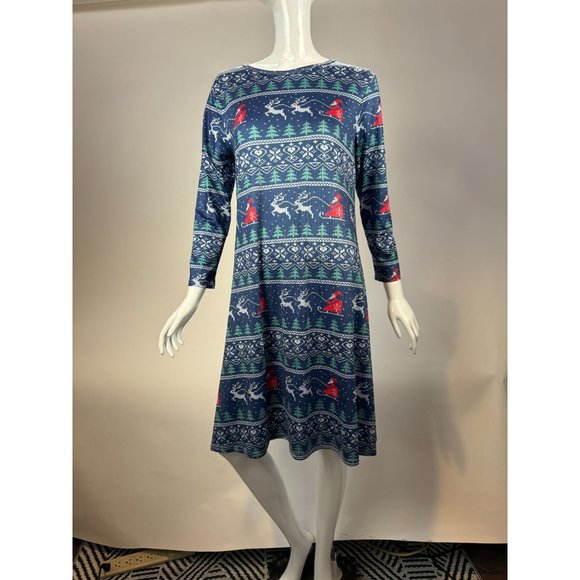 Santa Sleigh Christmas Long Sleeve Dress Size XXL Blue Cotton Blend - Picture 14 of 16